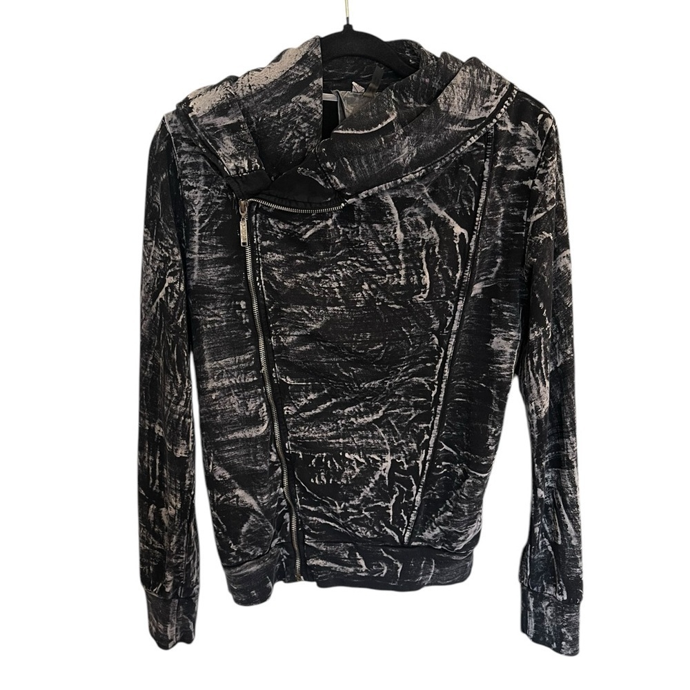 Young Fabulous & Broke Zip Up Black Tie-Dye MOTO Fold Down Hoodie Jacket - Small